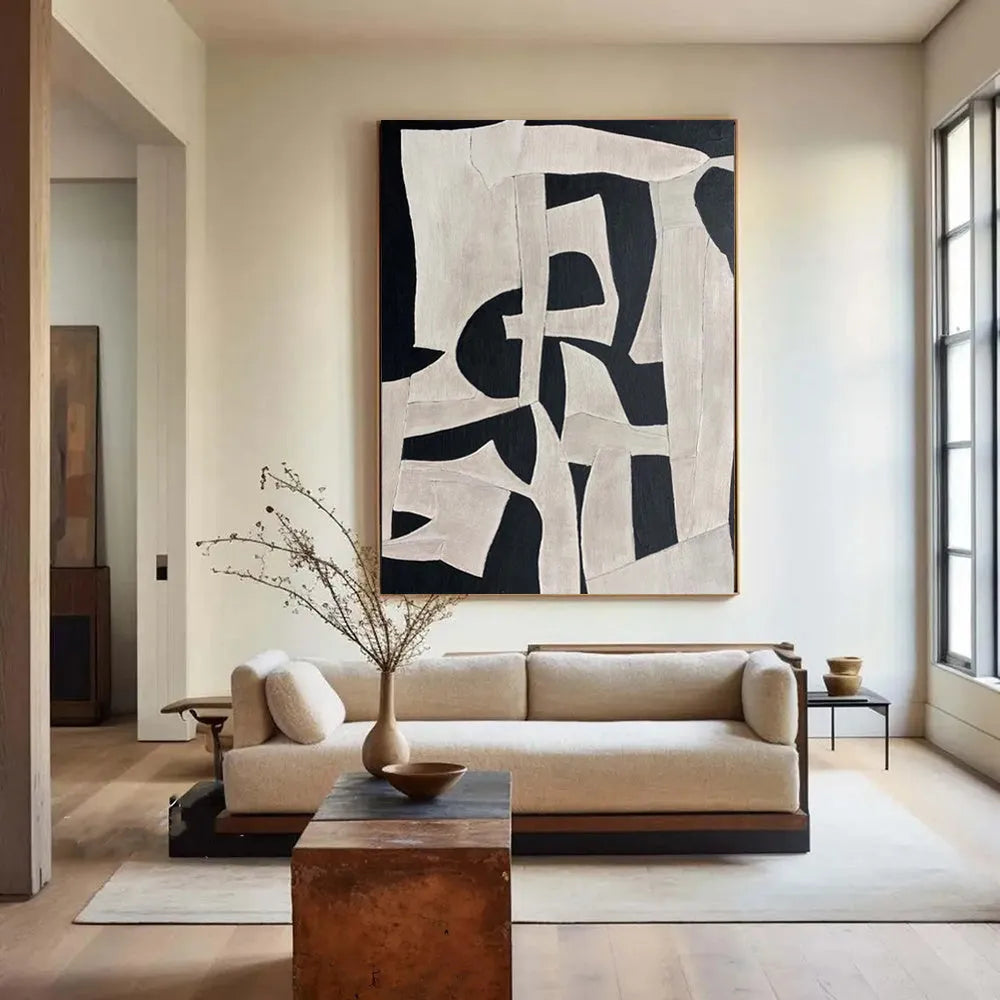 Handmade oil painting modern abstract black white texture minimalist canvas wall art rolled frameless
