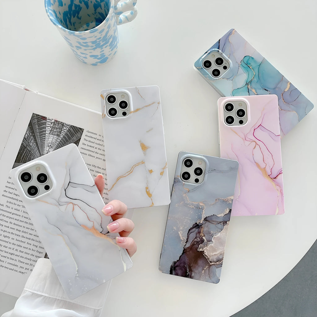 Square gilt marble iPhone case in TPU and silicone with straight edge and IMD print, shown in marble colourways