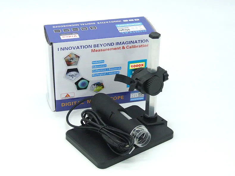 Black USB microscope camera with 1000X magnification, 8 LED lights, and adjustable focus