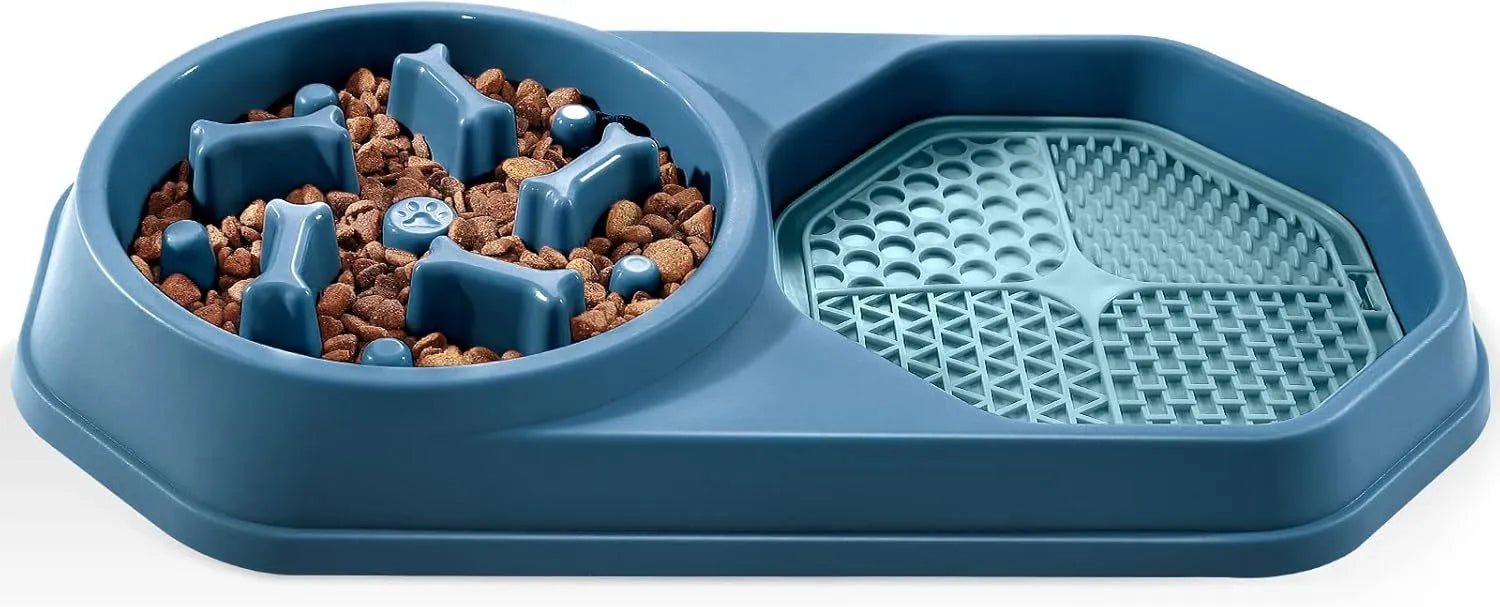 Blue slow feeder puzzle dog bowl with raised ridges and non-slip base for small to medium dogs