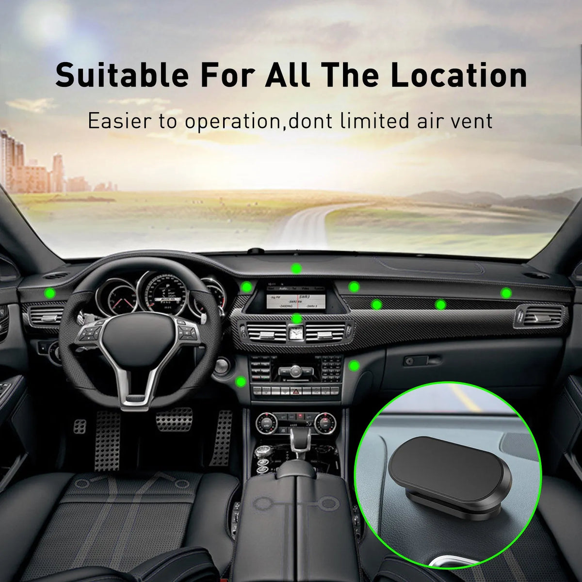 Black ABS 360-degree rotating magnetic car phone holder on dashboard with smartphone attached in portrait mode