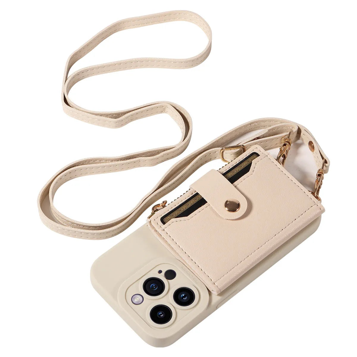 Imitation leather phone case with crossbody strap in black for iPhone 15, showing front and back