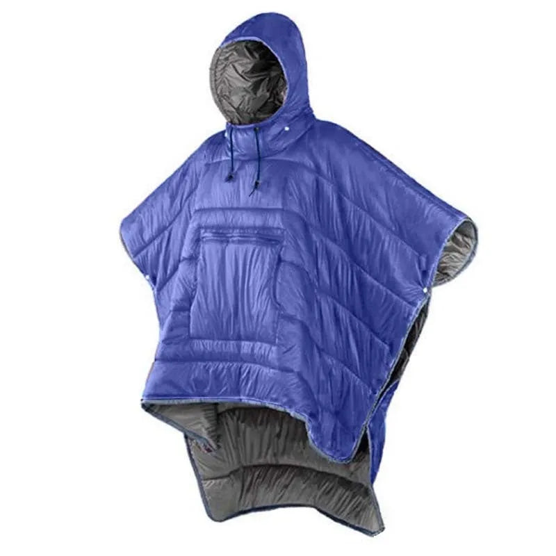 Adult-sized grey outdoor cloak sleeping bag with hood, laid out flat showing its 200cm length.