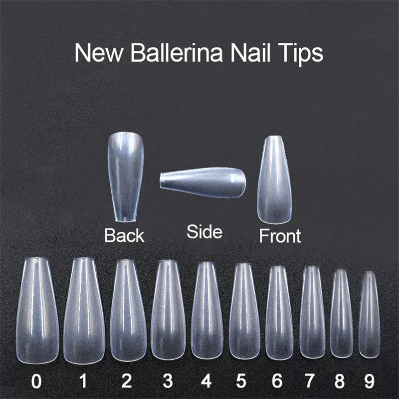 500 transparent natural ballet false nails in ABS material with 10 sizes on a light background