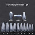 500 transparent natural ballet false nails in ABS material with 10 sizes on a light background