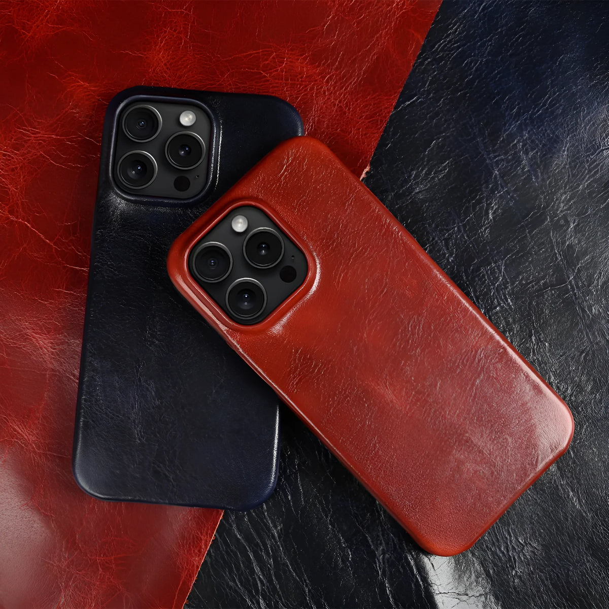 Handmade genuine leather iPhone 16 case in black, brown, dark blue, dark brown, or dark red
