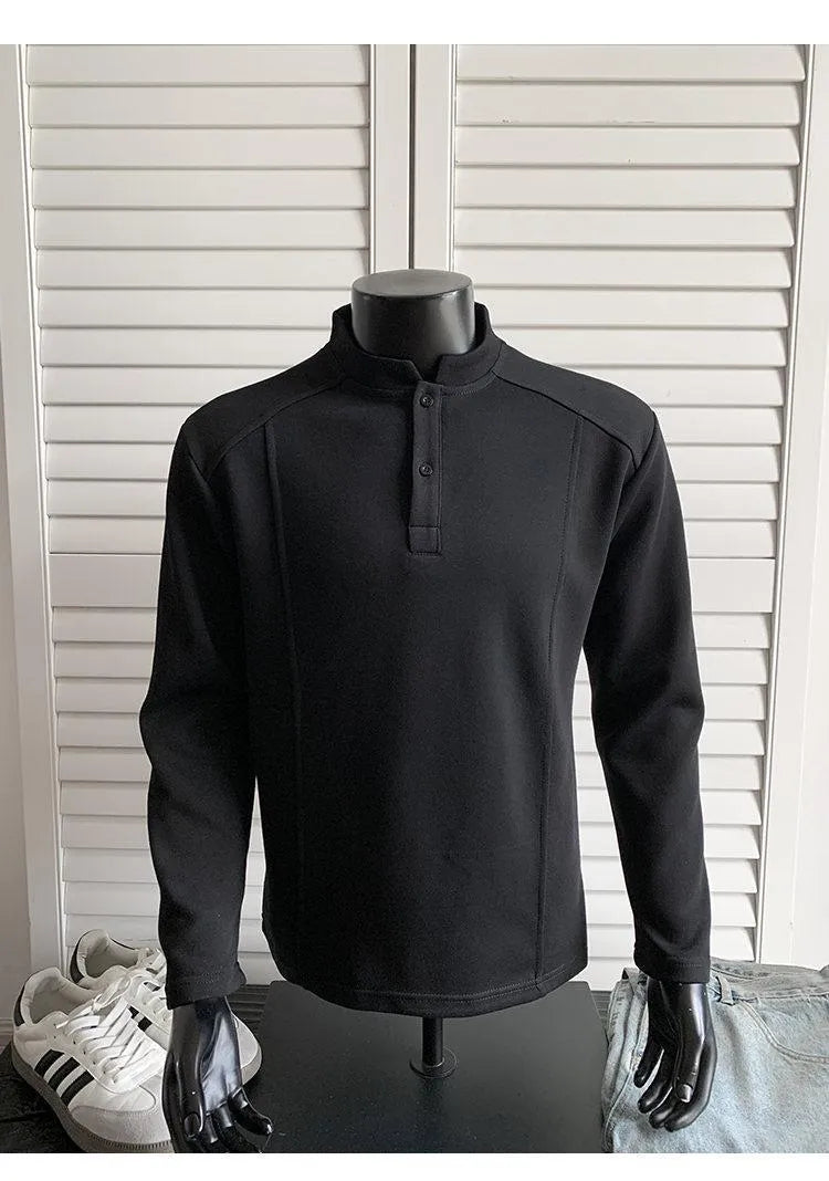 Men's loose fit asymmetric patchwork stand-up collar long sleeve shirt in grey.