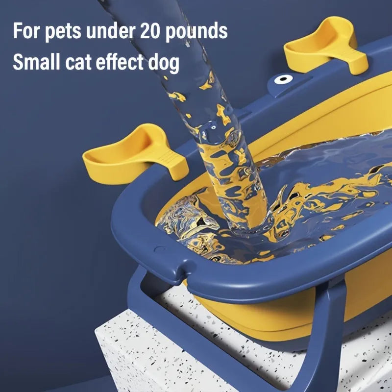 Blue foldable portable plastic pet bathing tub for small dogs and cats.