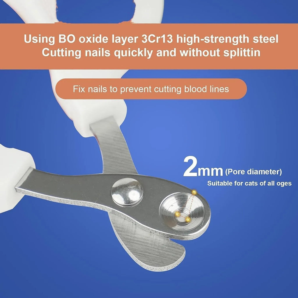 Blue cat nail clippers with circular hole design and ergonomic non-slip handle on a white background