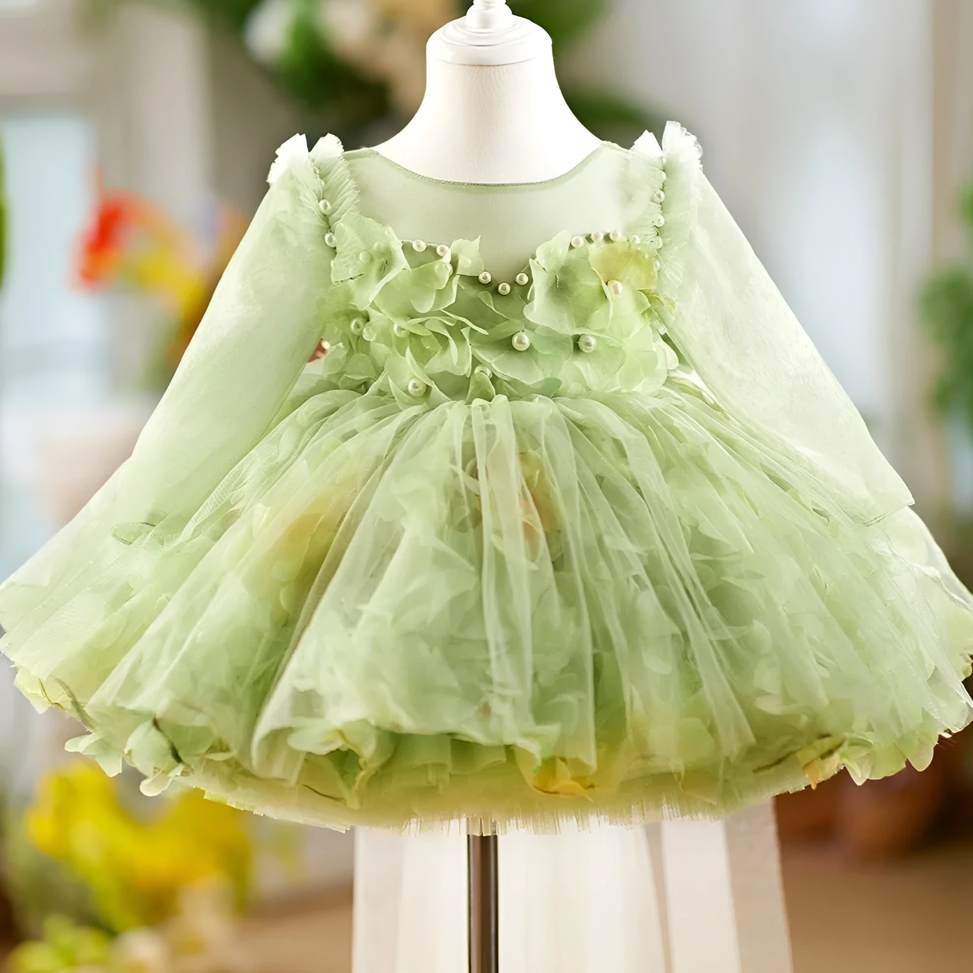 Green Mori style girl's peanut day princess dress with chemical fibre blend fabric and lining