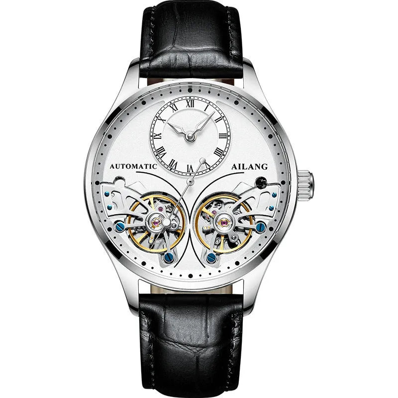 Automatic men's watch with tourbillon and moon phase on a black dial in a titanium case.