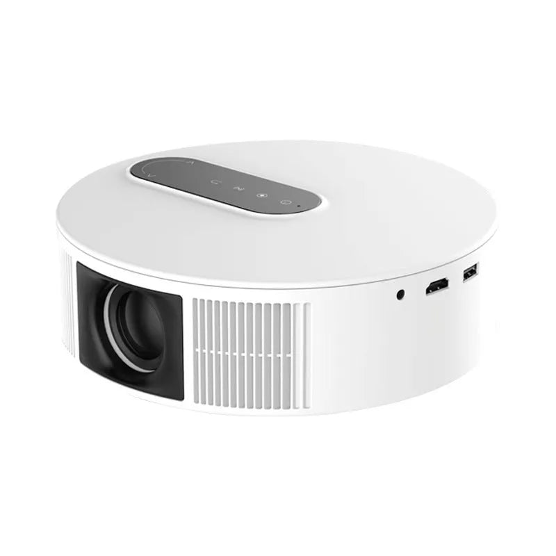 White HD projector with remote control on stand, showing 720p resolution display for home cinema use