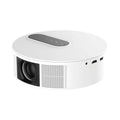 White HD projector with remote control on stand, showing 720p resolution display for home cinema use