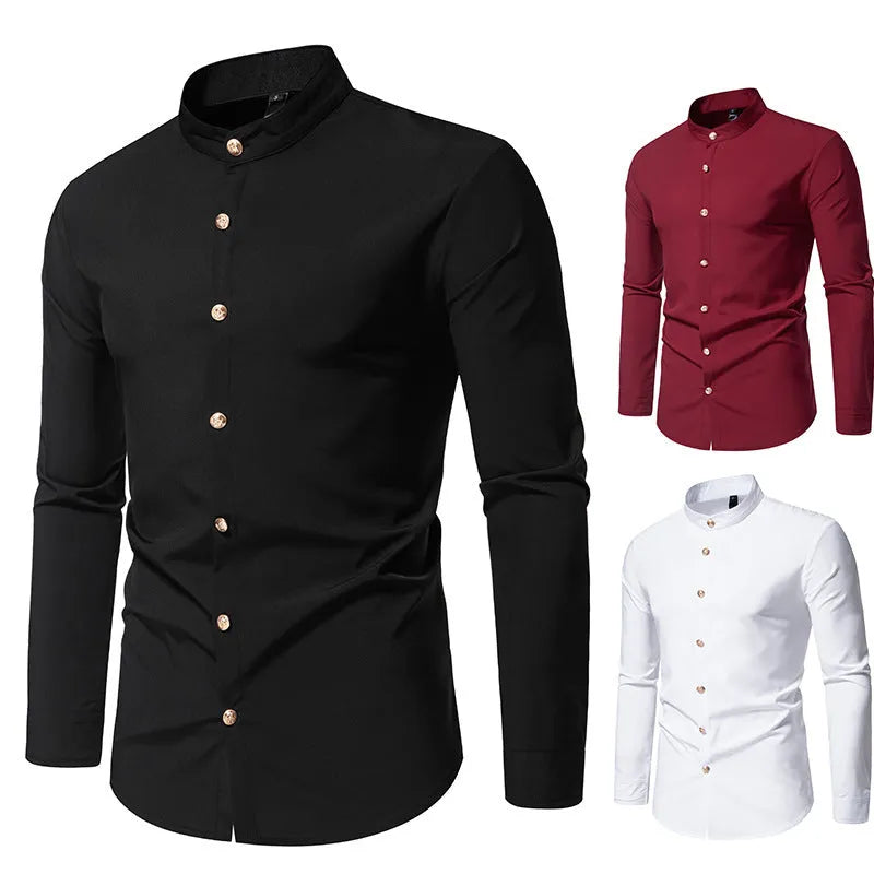 Men's solid colour party shirt with metal buttons, long sleeves, regular fit, in black white wine red