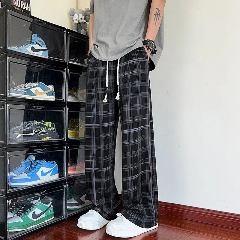 Men's plaid ice silk summer trousers, thin straight leg, grey or black, sizes M to XXL