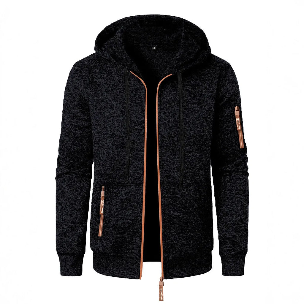 Men's polyester jacquard hooded coat, solid colour, straight cardigan style, sizes S to 3XL