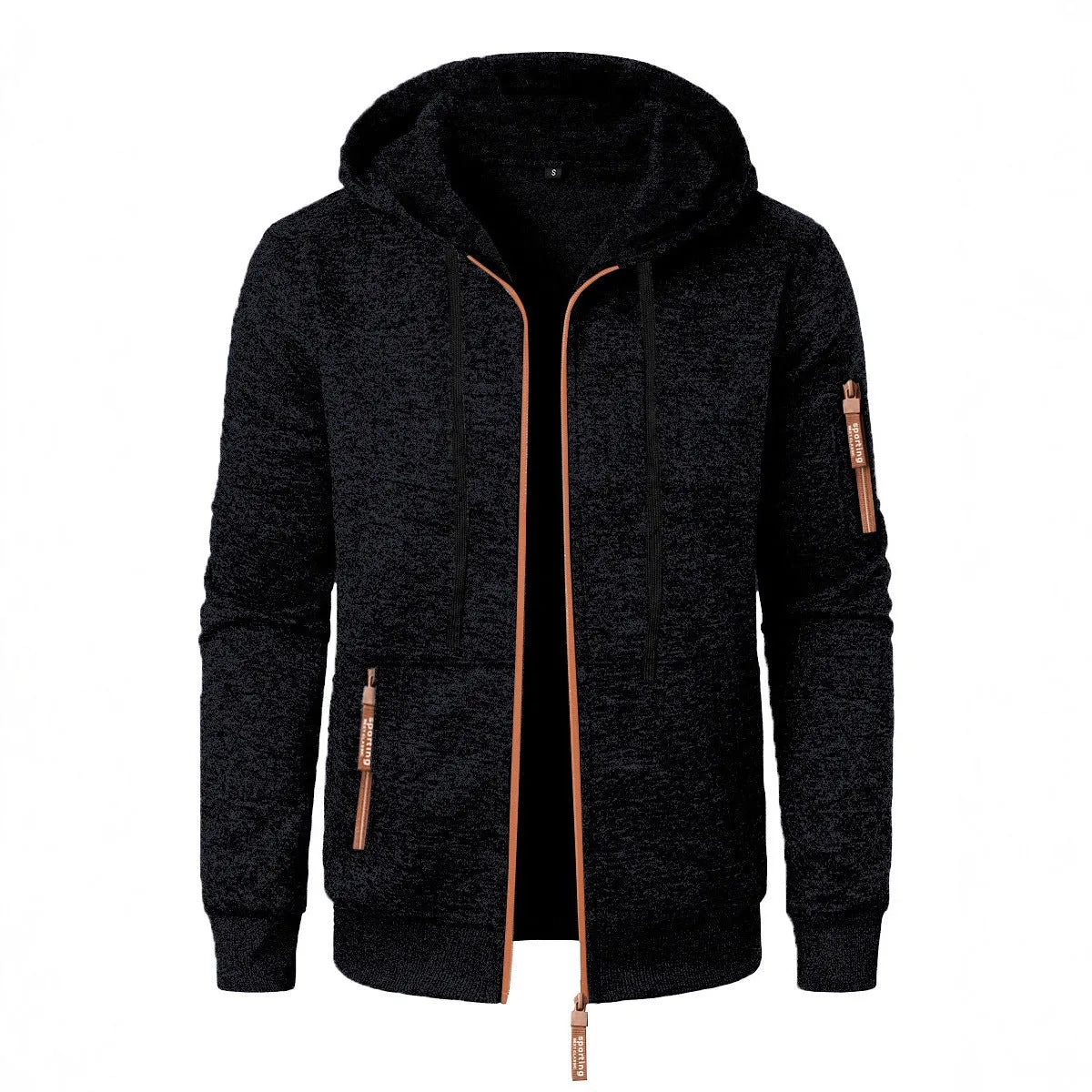 Men's polyester jacquard hooded coat, solid colour, straight cardigan style, sizes S to 3XL