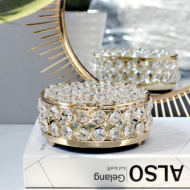 French gold European style jewelry box with crystal glass transparent lid showing contents