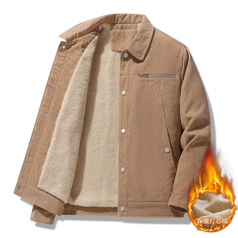 Winter slim retro lapels thick corduroy jacket in army green with side pockets, polyester fibre construction