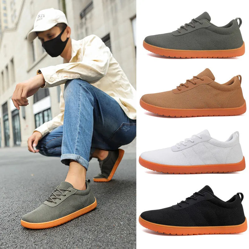 Men's wide fit walking shoes with Flyknit upper in black, green, camel, or white with rubber sole