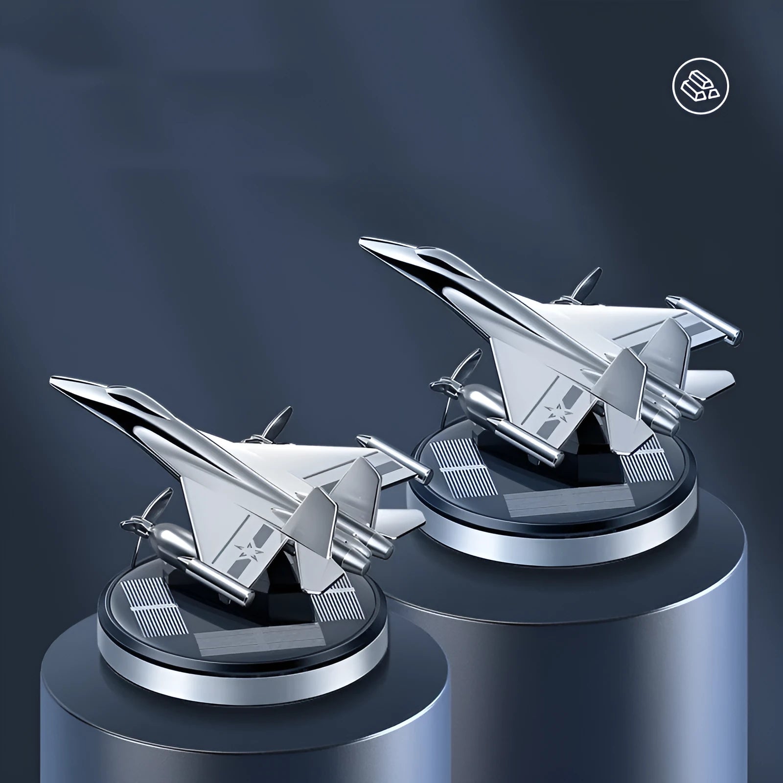 Silver solar-powered rotating fighter aircraft perfume ornament on a beech wood diffuser with essential oil bottle