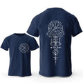 Viking rune compass and smiling face graphic on a men's pure cotton t-shirt.