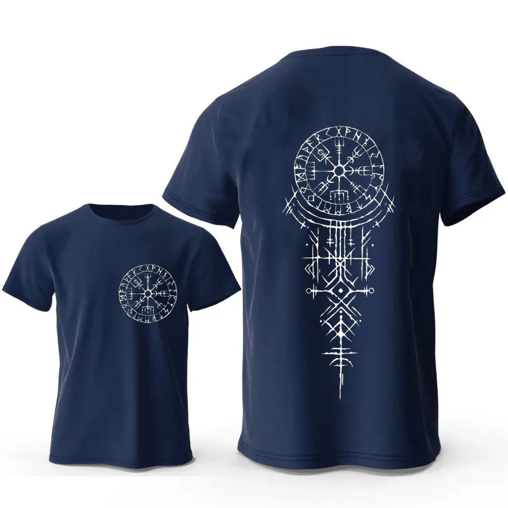 Viking rune compass and smiling face graphic on a men's pure cotton t-shirt.