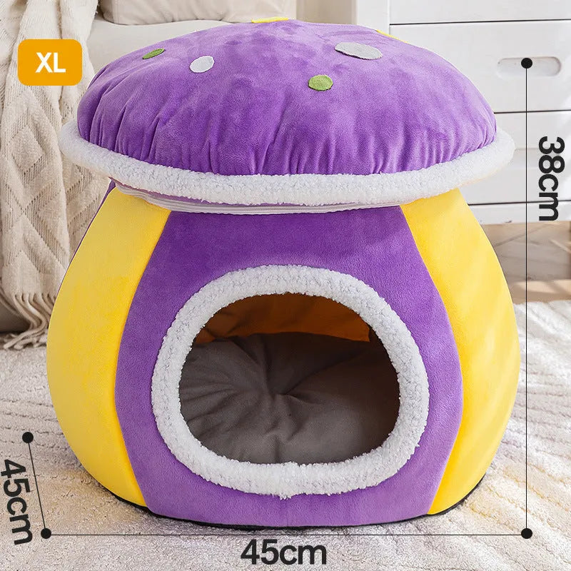 Grey mushroom-shaped plush cat bed on a wooden floor