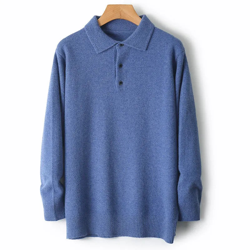 Men's woolen polo collar sweater pullover in various colours on a size chart background