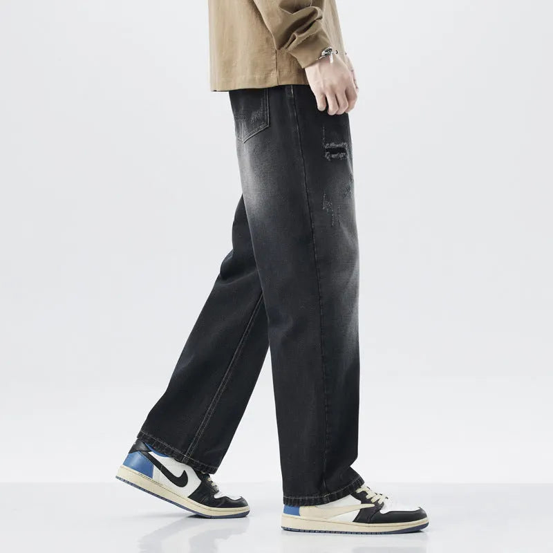 Men's hole vintage straight-leg distressed denim jeans in black grey, loose fit