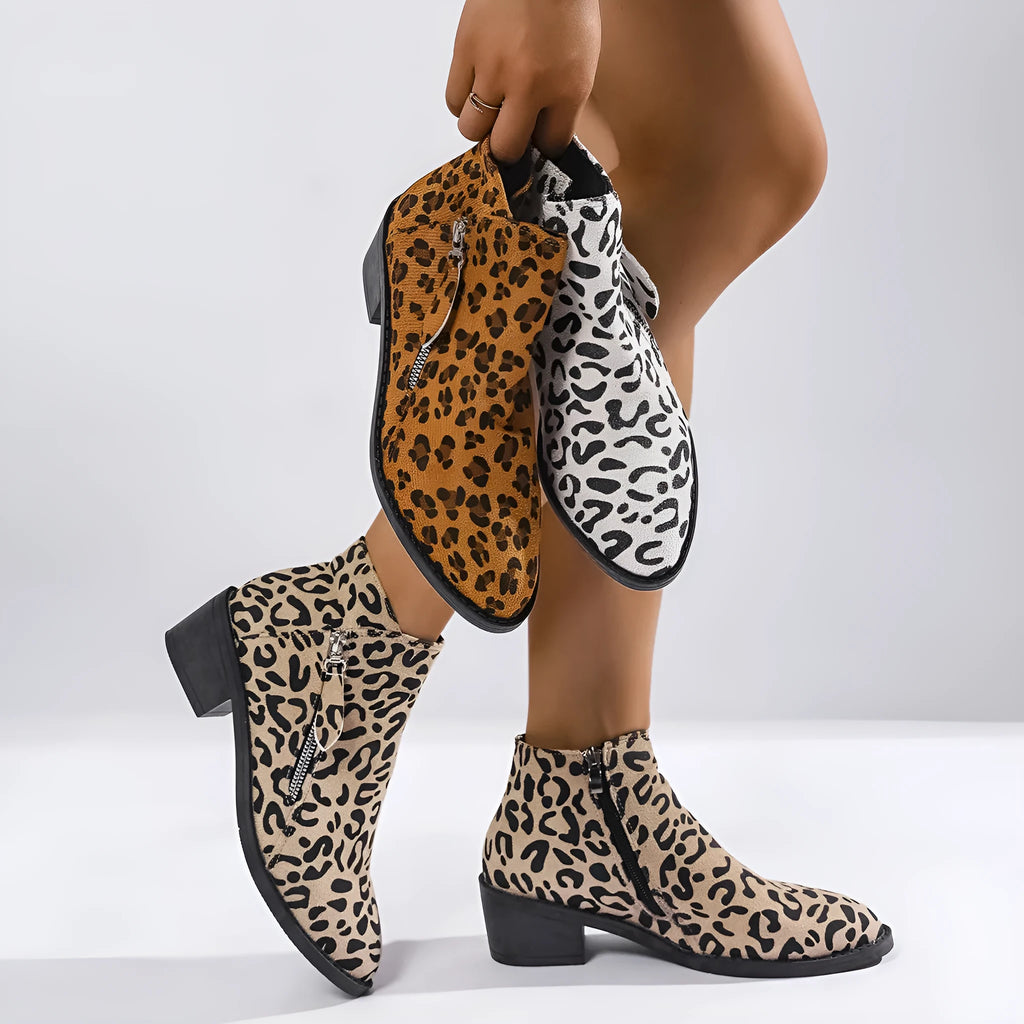 Ladies chunky heel ankle boots large size pointed toe leopard print block heel cotton upper side zipper