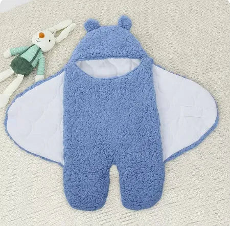 Baby hugging bag cotton lamb wool swaddling quilt in blue thickened version, 80x85cm size, on a soft surface