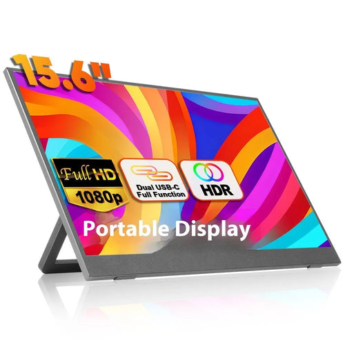 Black 15.6 inch portable IPS monitor with stand showing Full HD resolution display