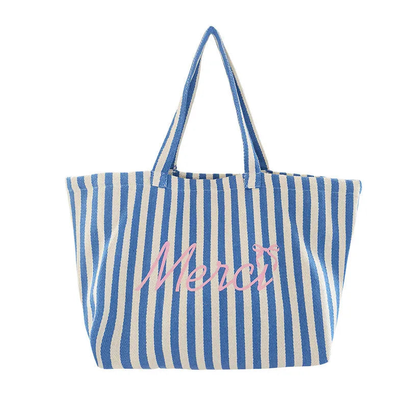 Blue striped letters printed cotton canvas bag in pink blue and white stripes for daily matching