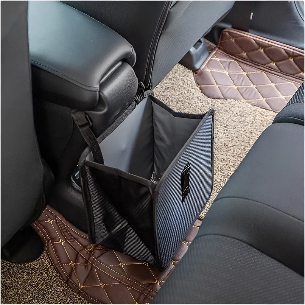 Black folding car trash can made from waterproof Oxford cloth with hanging strap and 22x14.5x22cm dimensions