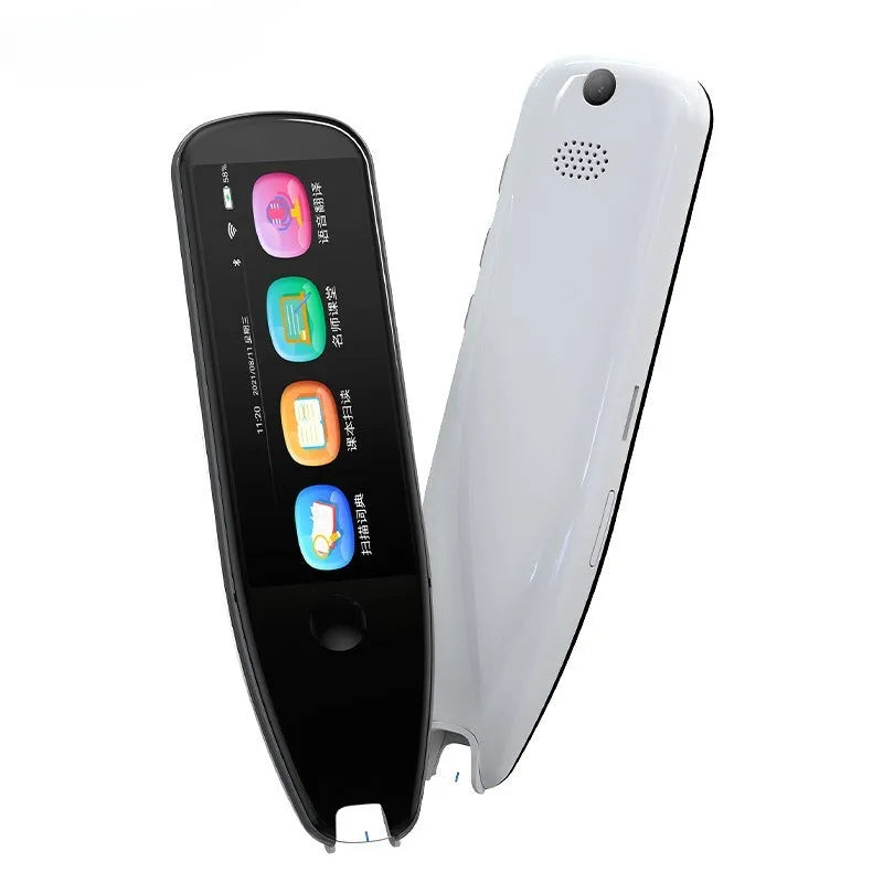 X5PRO Smart Translation Pen with 35-inch screen, ABS body, metal button, black colour, side view showing scan tip and screen