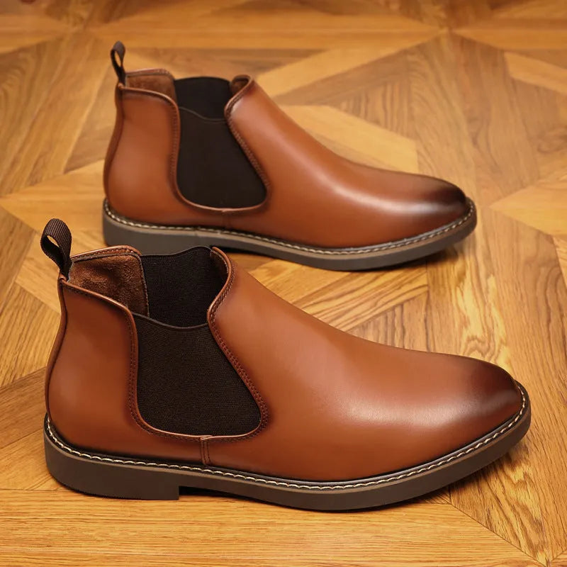 Men's black formal pointed-toe leather boots with a square heel and rubber sole.