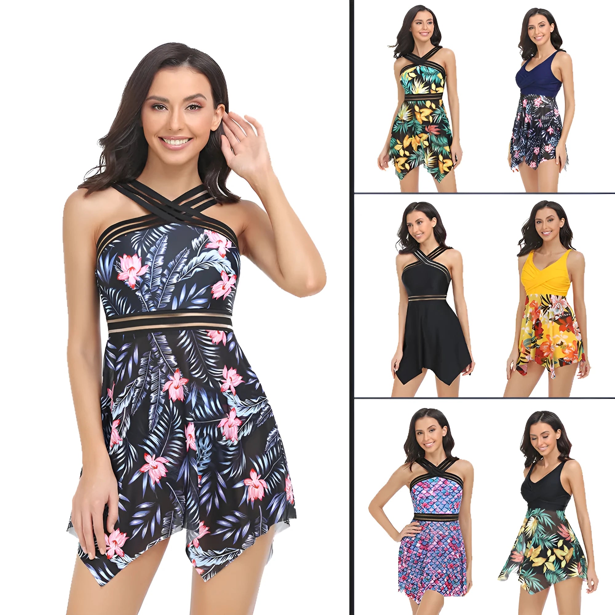 Women's one-piece swimsuit with a tulle skirt and split leg design in various colours.