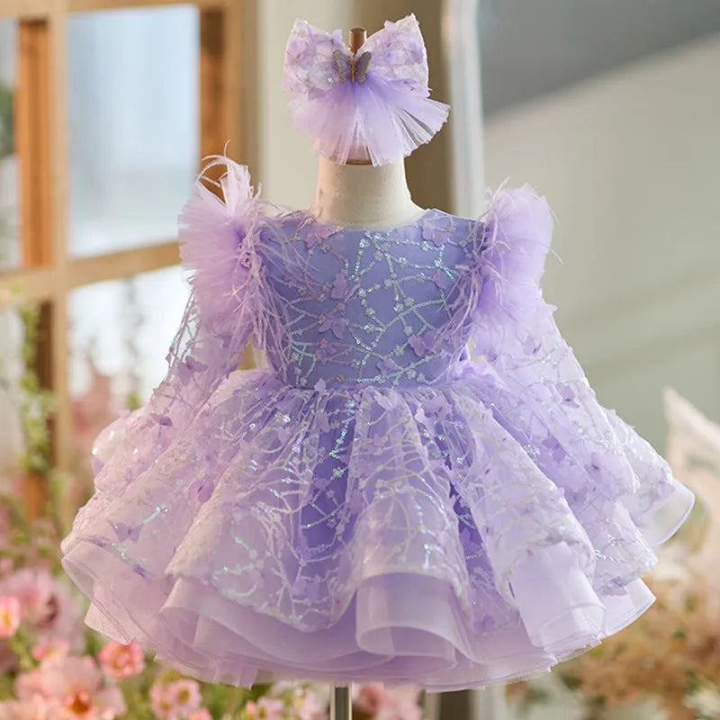 Butterfly sequined long sleeve princess dress for children in dream purple colour, suitable for heights 80cm to 160cm