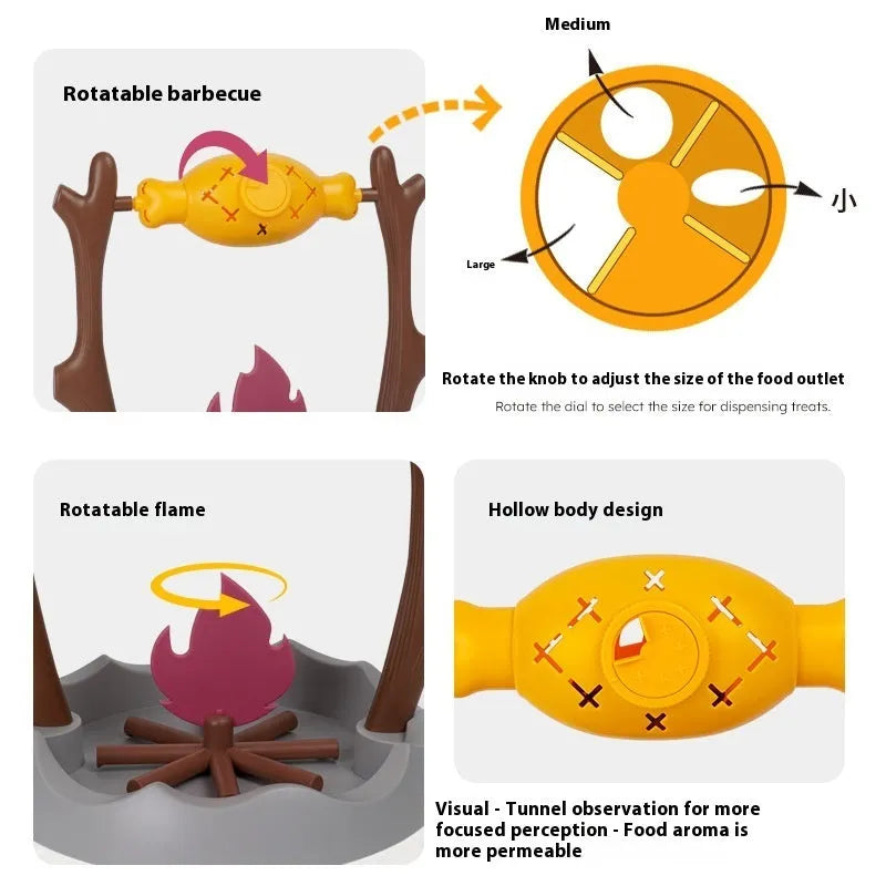 Barbecue-themed cat tumbling puzzle feeder toy with treat dispensing mechanism