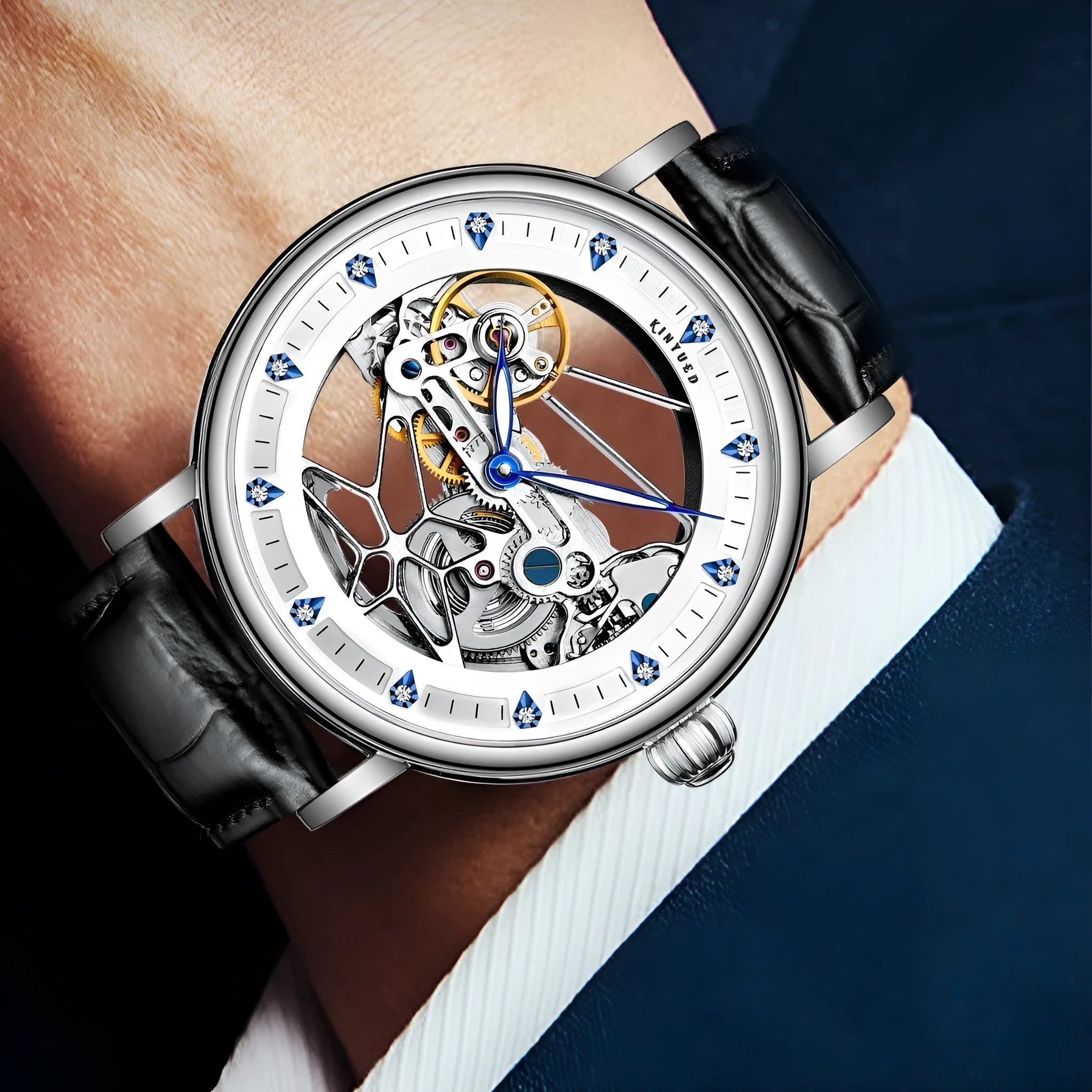 Automatic men's waterproof luminous watch with 13mm thickness, available in Cosmic Blue colour with gift box packaging