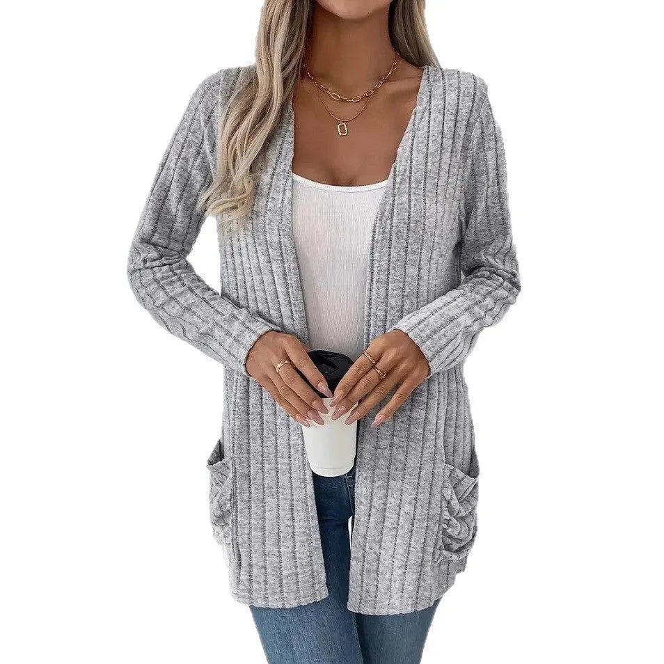 Granny grey loose fit long sleeve cardigan with pocket showing front view