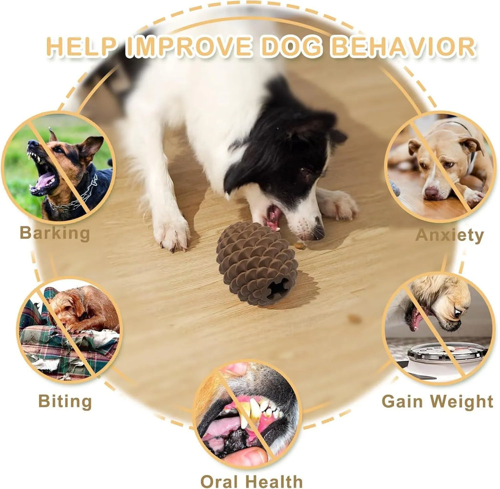Yellow pine cone-shaped natural rubber dog chew toy with treat dispenser hole