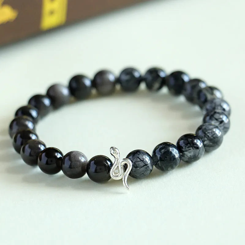 925 silver snake beaded couple bracelet with natural sunstone and black crystal beads on unisex chain