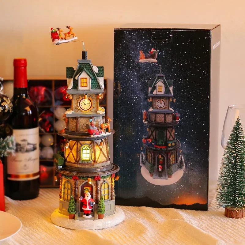 Christmas resin rotating music box decoration, bell tower design, 32cm high, battery operated ornament