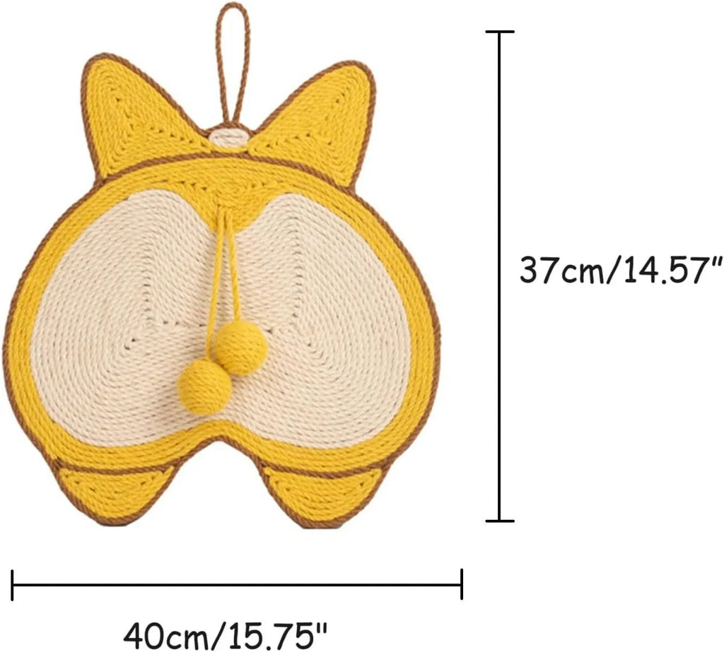 Yellow cat scratching pad with Corgi dog butt design, made from sisal with a grey anti-slip base.