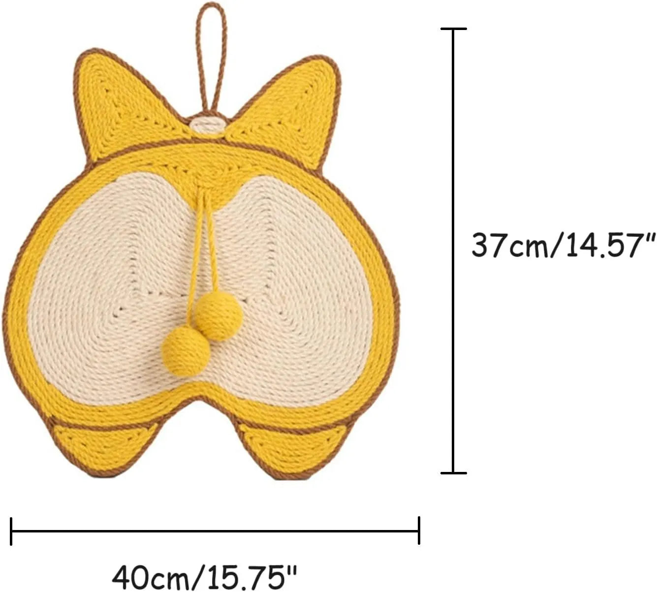 Yellow cat scratching pad with Corgi dog butt design, made from sisal with a grey anti-slip base.