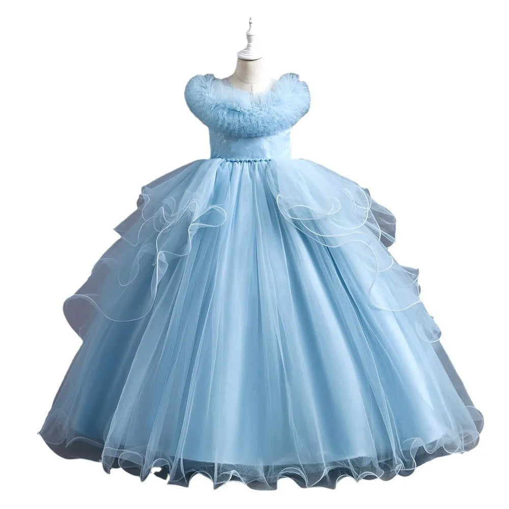 Girls casual princess dress in polyester with Western style, available in white, light pink, blue, champagne, sizes 110-160