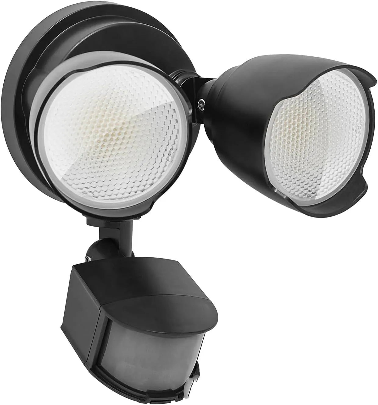 White outdoor LED flood light with motion sensor mounted on wall