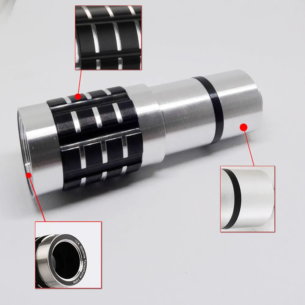 12x telescopic zoom lens with universal collar clip attached to a mobile phone for long-distance filming.